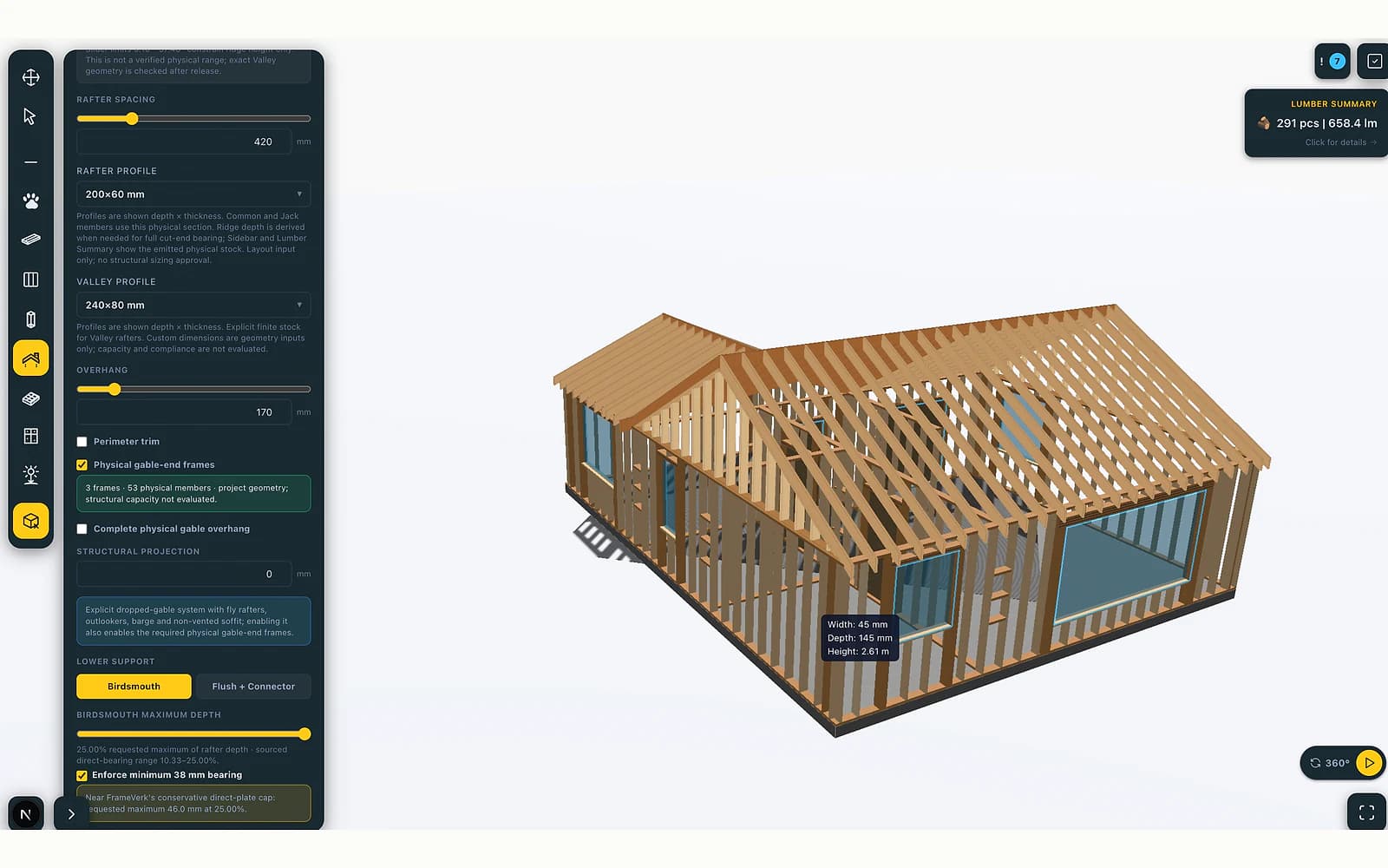 FrameVerk roof editor showing spacing, size, overhang and gable-end controls beside the full roof and wall frame