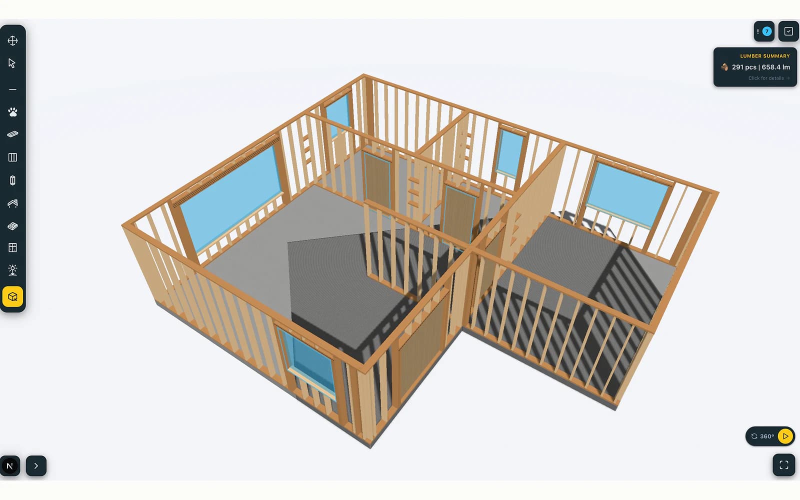 FrameVerk 3D editor showing the complete wall frame, openings, internal partitions and Lumber Summary