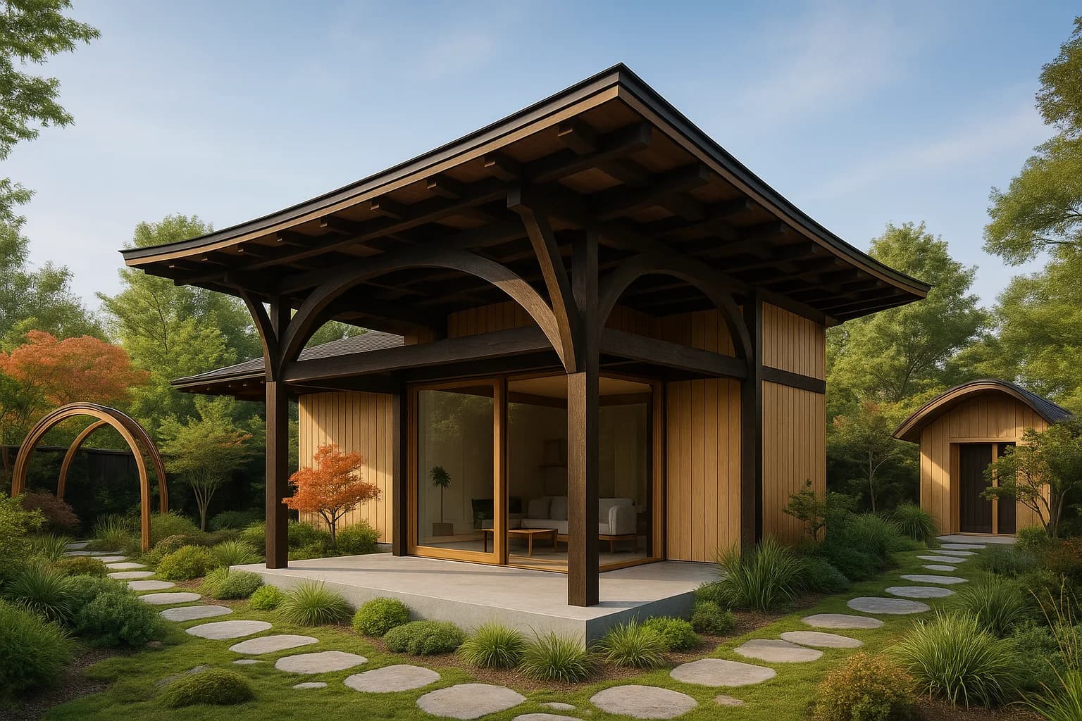 Contemporary timber frame with curved glulam, large glass, and garden pavilion