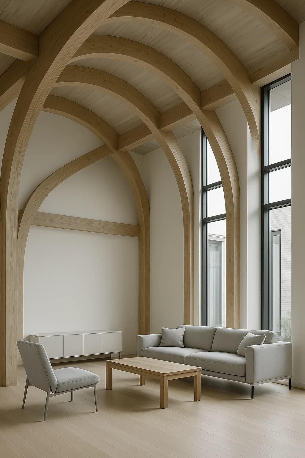 Curved glulam timber beams forming an organic architectural structure