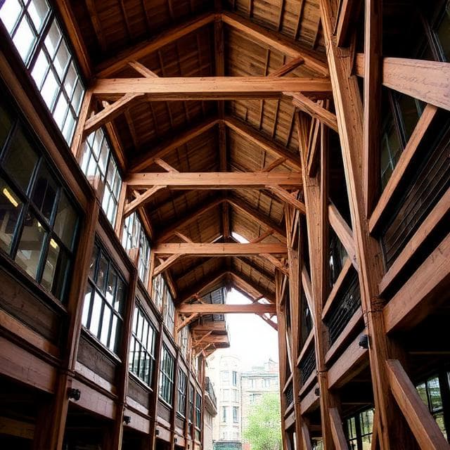 Modern wooden architectural structure with exposed timber beams blending historic and contemporary design in an urban setting.