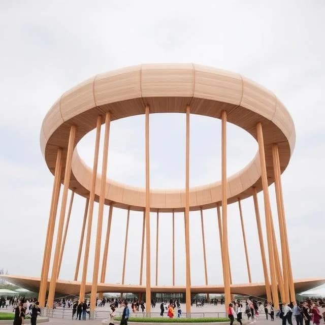 Massive circular wooden structure at Expo Osaka 2025 with slender timber columns and elevated ring floating above the exhibition grounds.