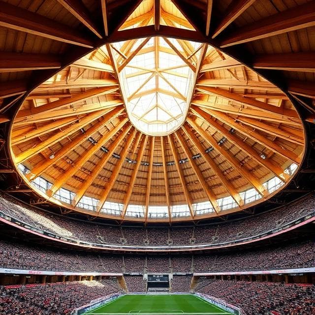 Modern mass timber stadium interior with exposed wooden trusses and large crowd seating under a wide timber roof structure.