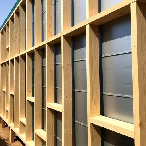 Close-up of a timber-framed wall assembly with rainscreen cavity, weather barrier, and exterior wooden cladding under construction.