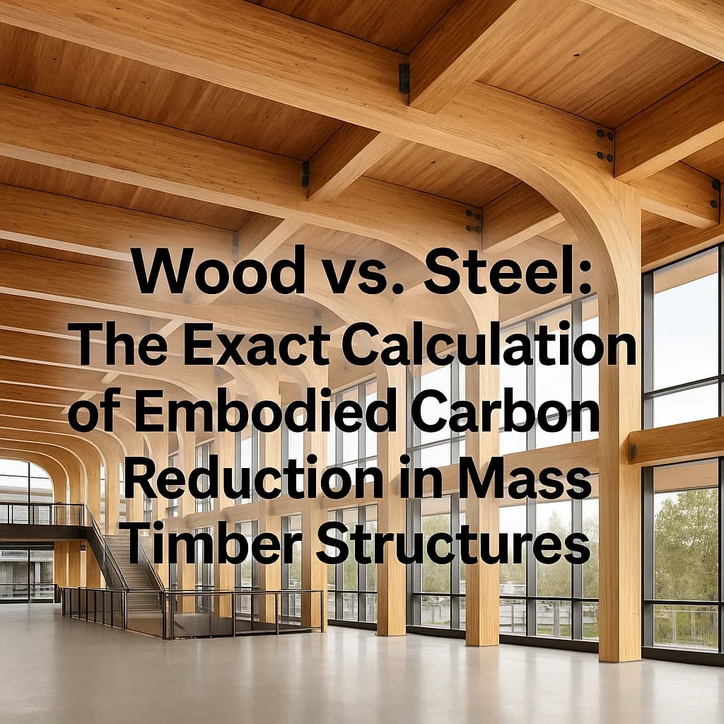 Timber and steel structural members beside a transparent A1–A3 material inventory comparison