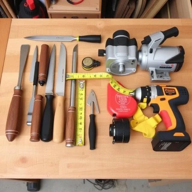 Affordable woodworking tools laid out on a bench, including chisels, tape measure, trim router, and safety gear, with a warning about unsafe budget drills.