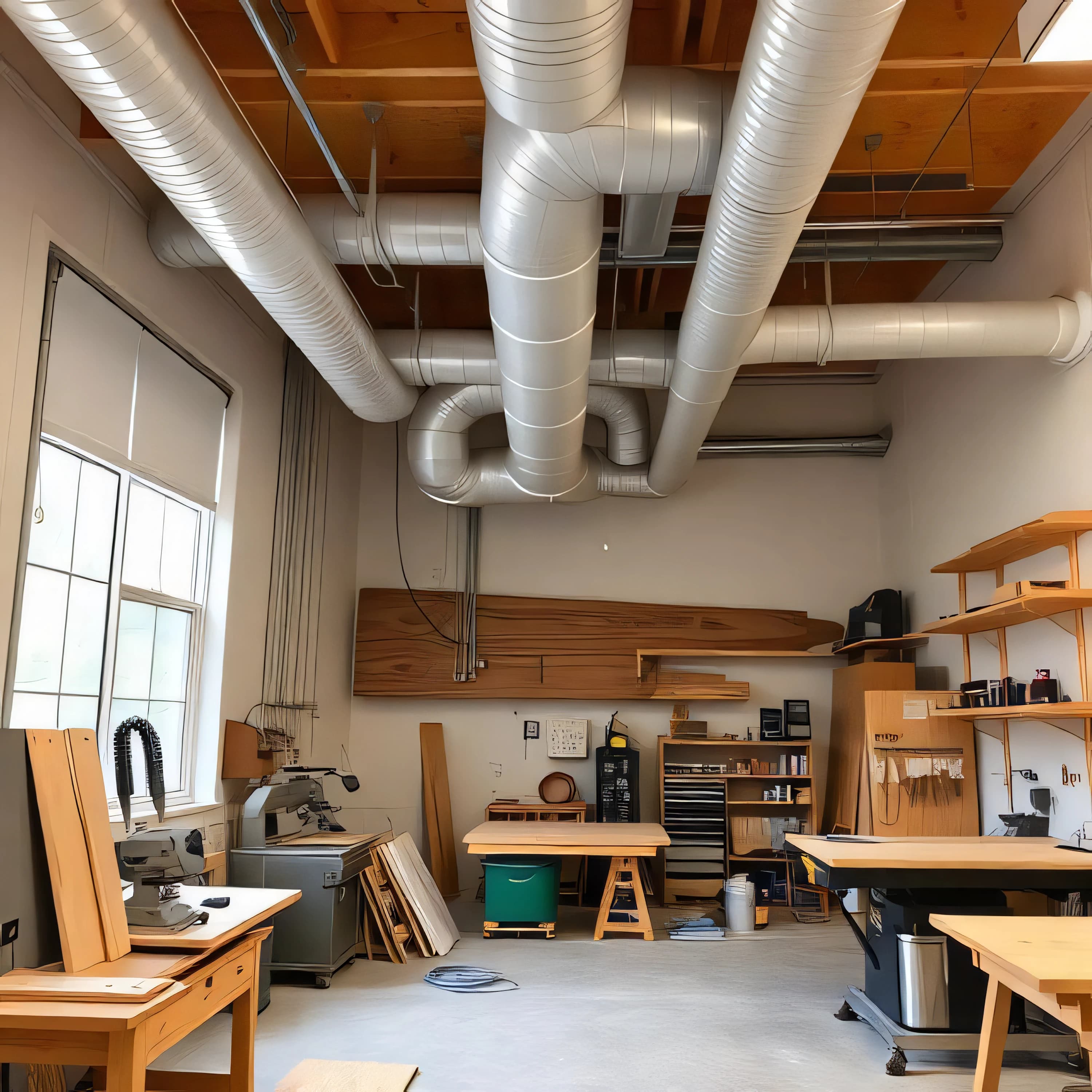 Modern woodworking shop with a dust collection system connected to saws and CNC machines, clean air and visible ducting.