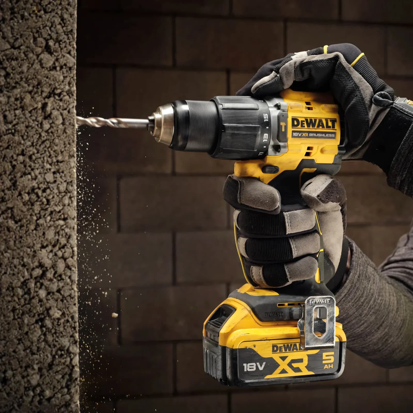 DeWalt DCD799 multi-head drill driver with all four interchangeable heads arranged on a workbench, showing the compact body and attachment system.