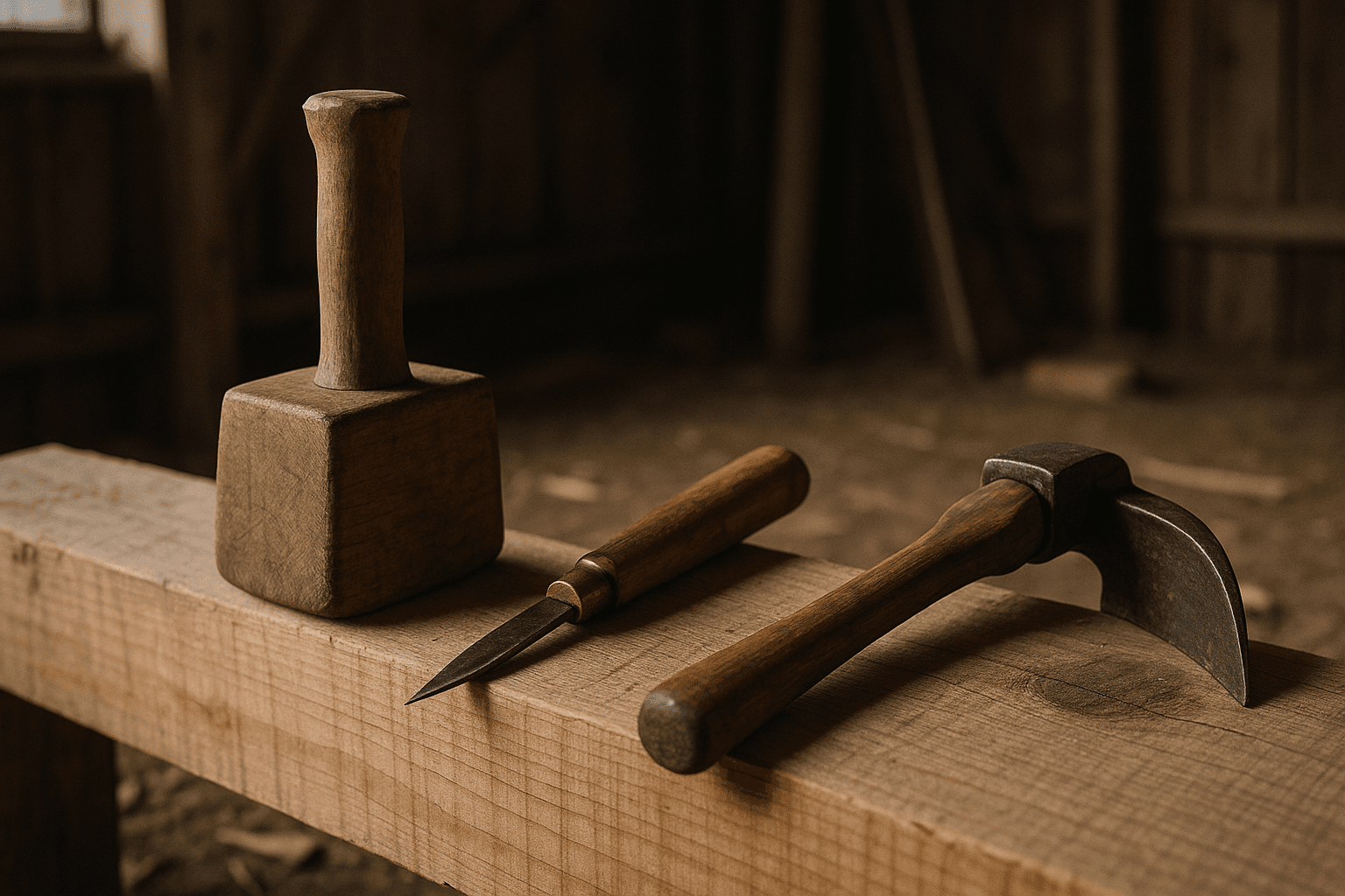 Wooden mallet, marking knife, and adze laid on a timber beam inside a workshop, illuminated by soft natural light.