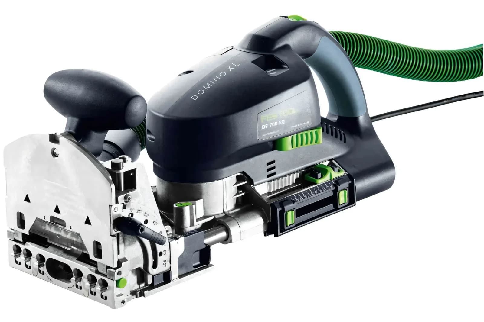 Festool Domino XL DF 700 cutting a slot in a large timber brace on sawhorses, with clamps and a dust extractor nearby on a workshop floor.