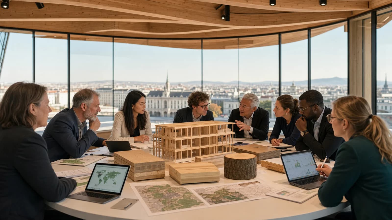 Internationale Wissenschaftler und Spezialisten der Holzindustrie treffen sich in Wien rund um ein detailliertes Gebäudemodell aus Massivholz