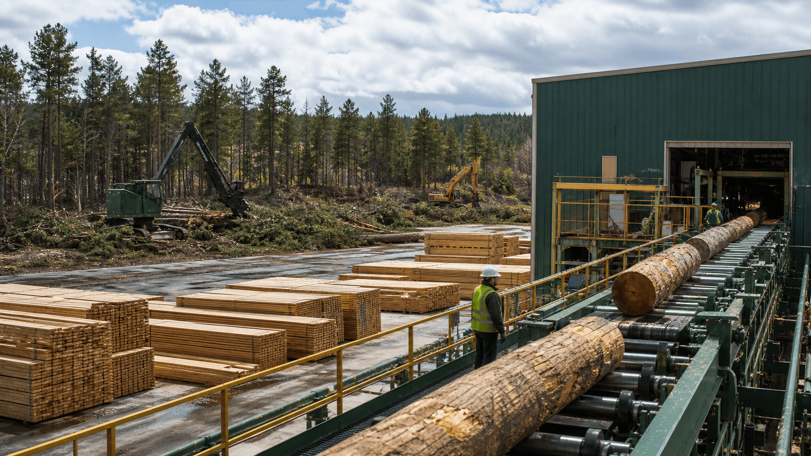 Amerikansk sagbruk som bearbeider virke fra skogrestaurering med moderne utstyr