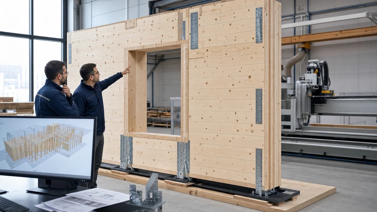 Ingegneri romeni esaminano un modello digitale di parete CLT accanto a pannelli tagliati con precisione CNC