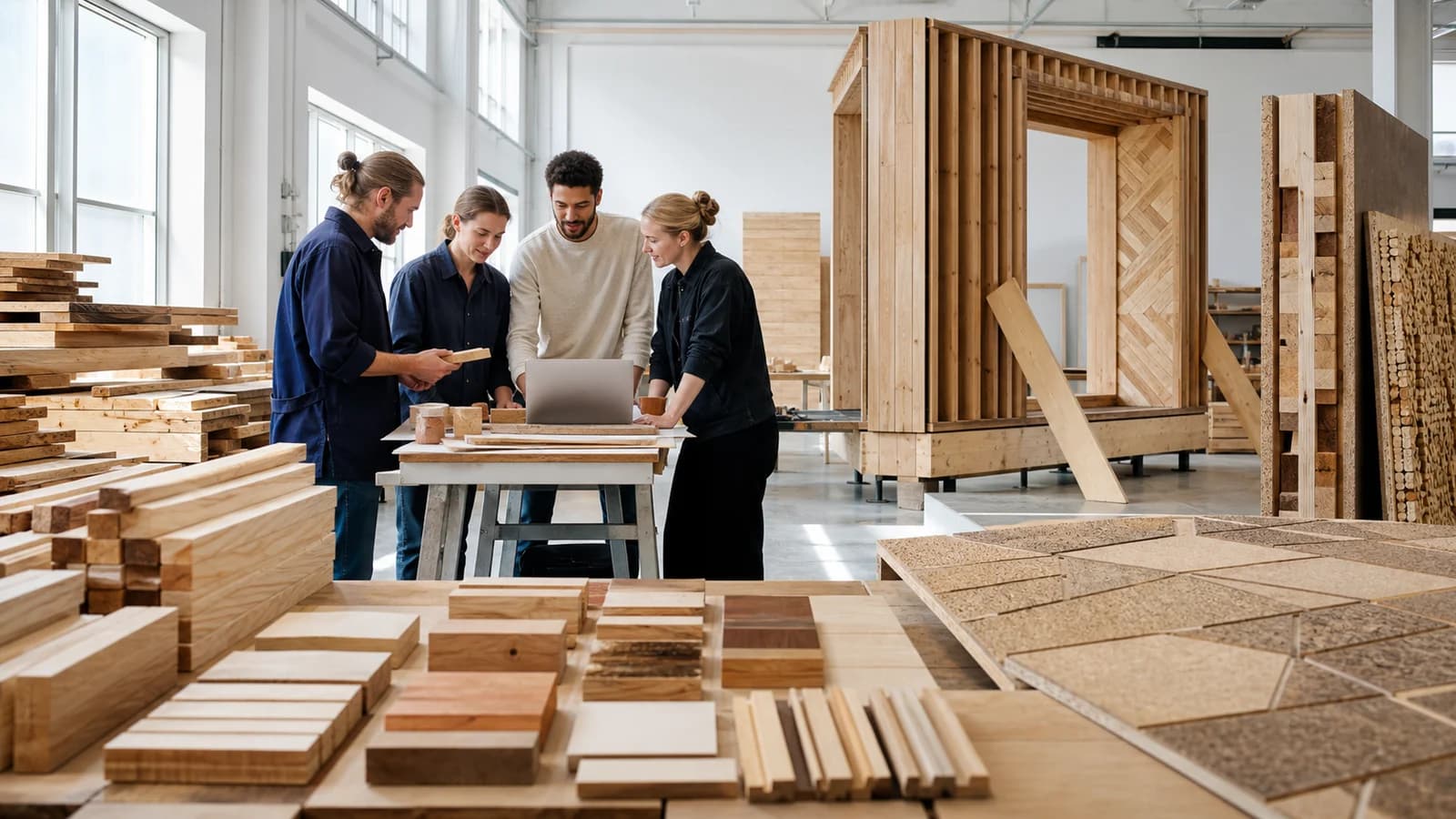 Ingenieure beim Sortieren von Holzresten und Laubholzbrettern für zirkuläre Prototypen in einer skandinavischen Werkstatt