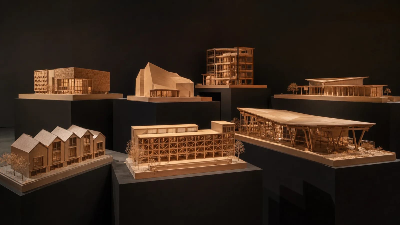 Galleria curata di otto distinti edifici contemporanei in legno, esposti come modelli architettonici sotto luci museali
