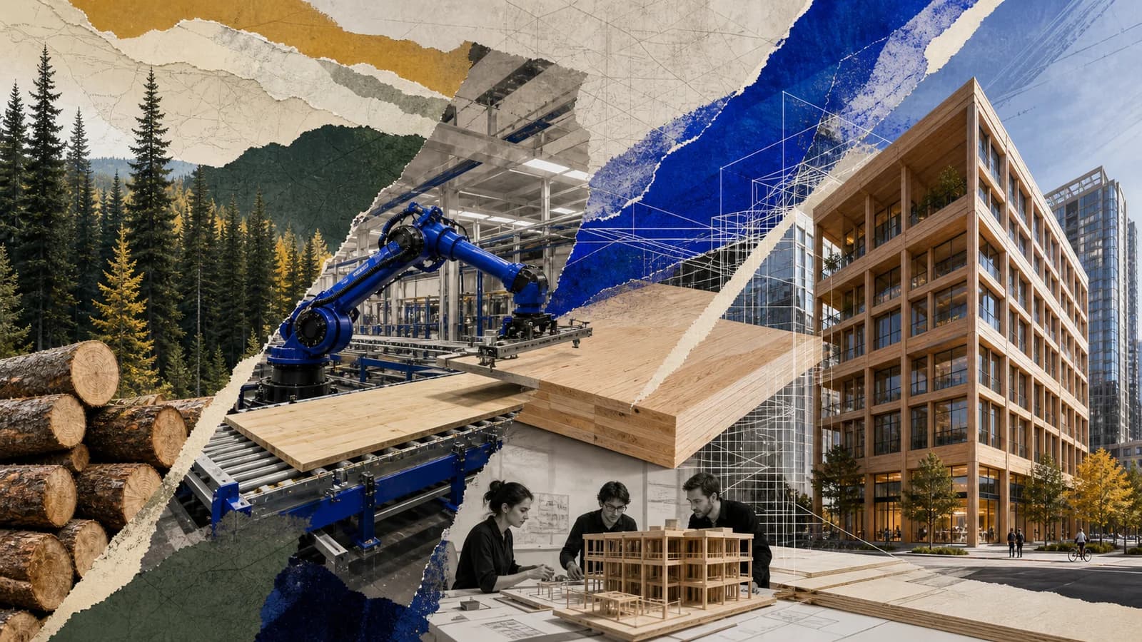 Axonometric editorial cutaway linking a Prairie forest, an automated mass-timber factory and a multi-storey timber building