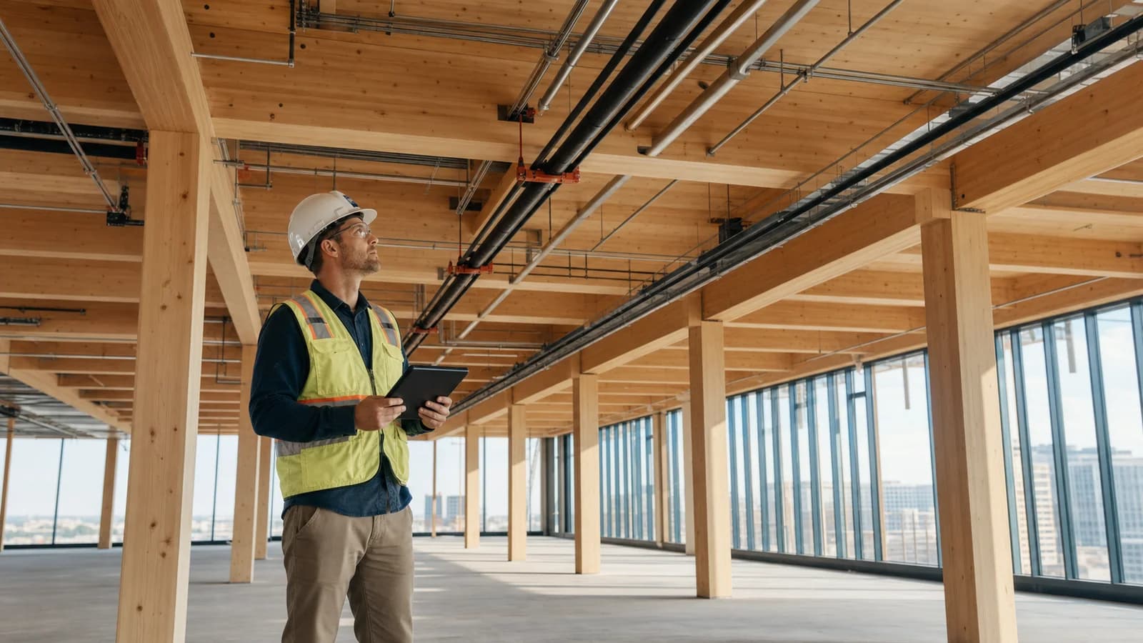 Construction portrait inside a large timber office with exposed glulam columns, CLT ceilings and coordinated services