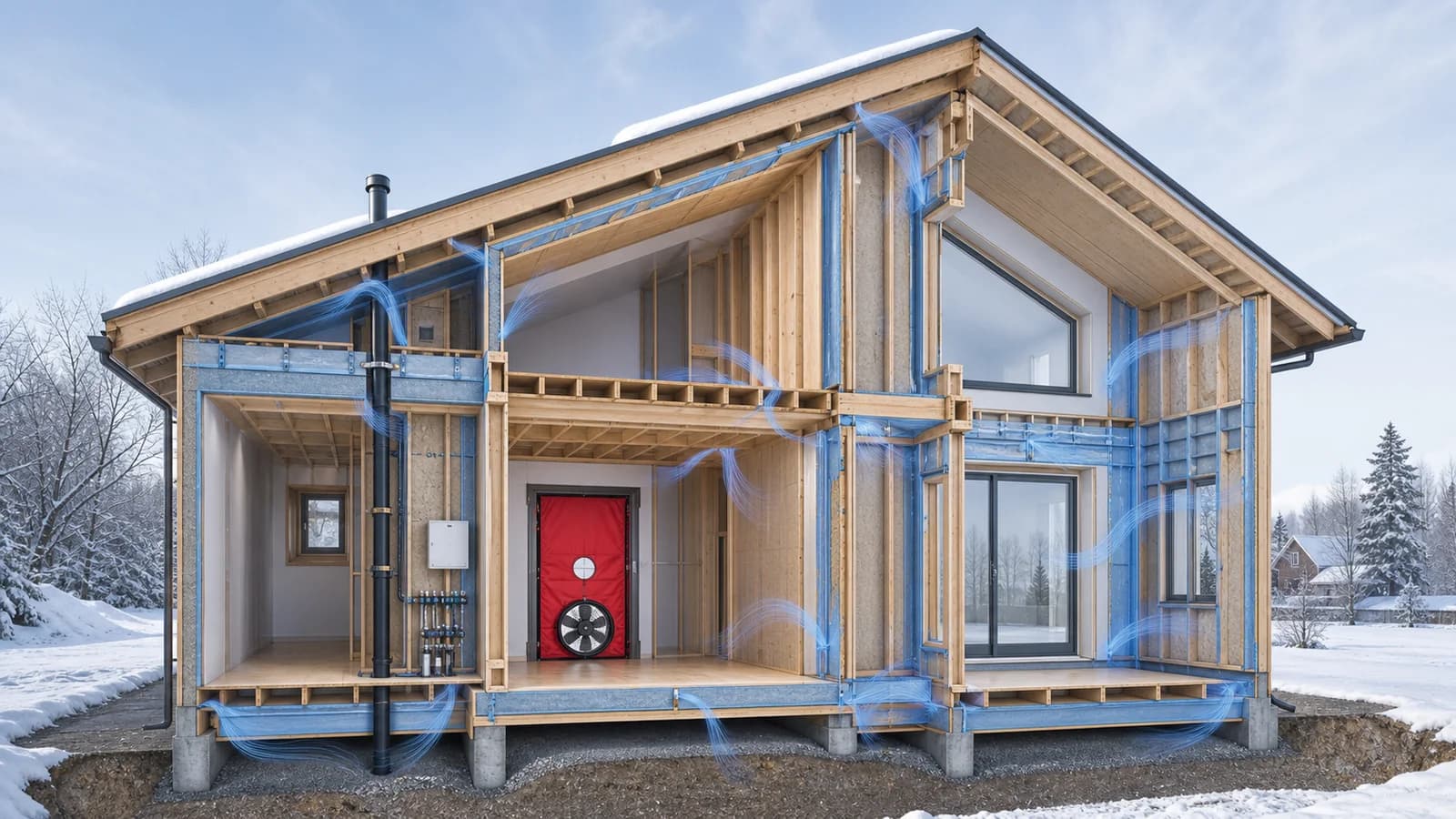Tekniskt snitt genom lätt trähus med luftflöde kring fönster, installationer och knutpunkter