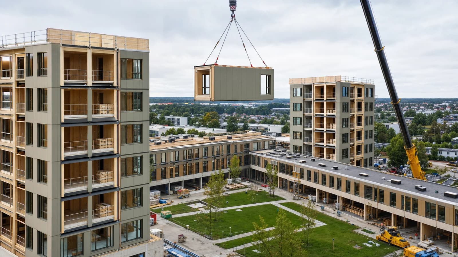 Kran setzt ein vorgefertigtes Holz-Raummodul in einen großen öffentlichen Campus ein