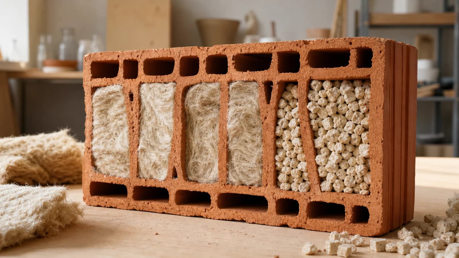 Makroansicht eines Hochlochziegels mit hellen Buchenfasern und leichtem Holzgranulat
