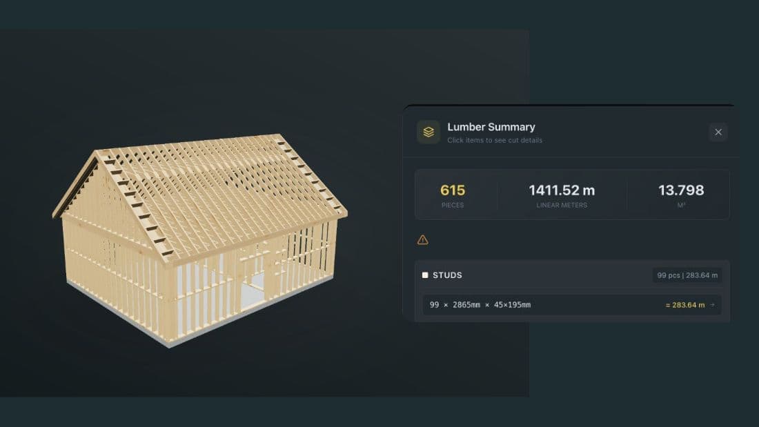 Bildschirmaufnahme der Lumber Summary in FrameVerk mit Stückzahl, Gesamtlänge und Gesamtvolumen.