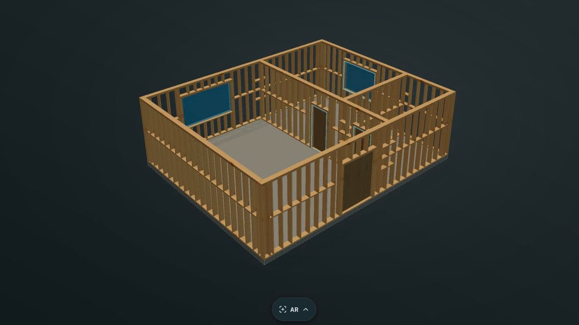 Captura de FrameVerk con muros de madera, ventanas y puertas en un modelo 3D.