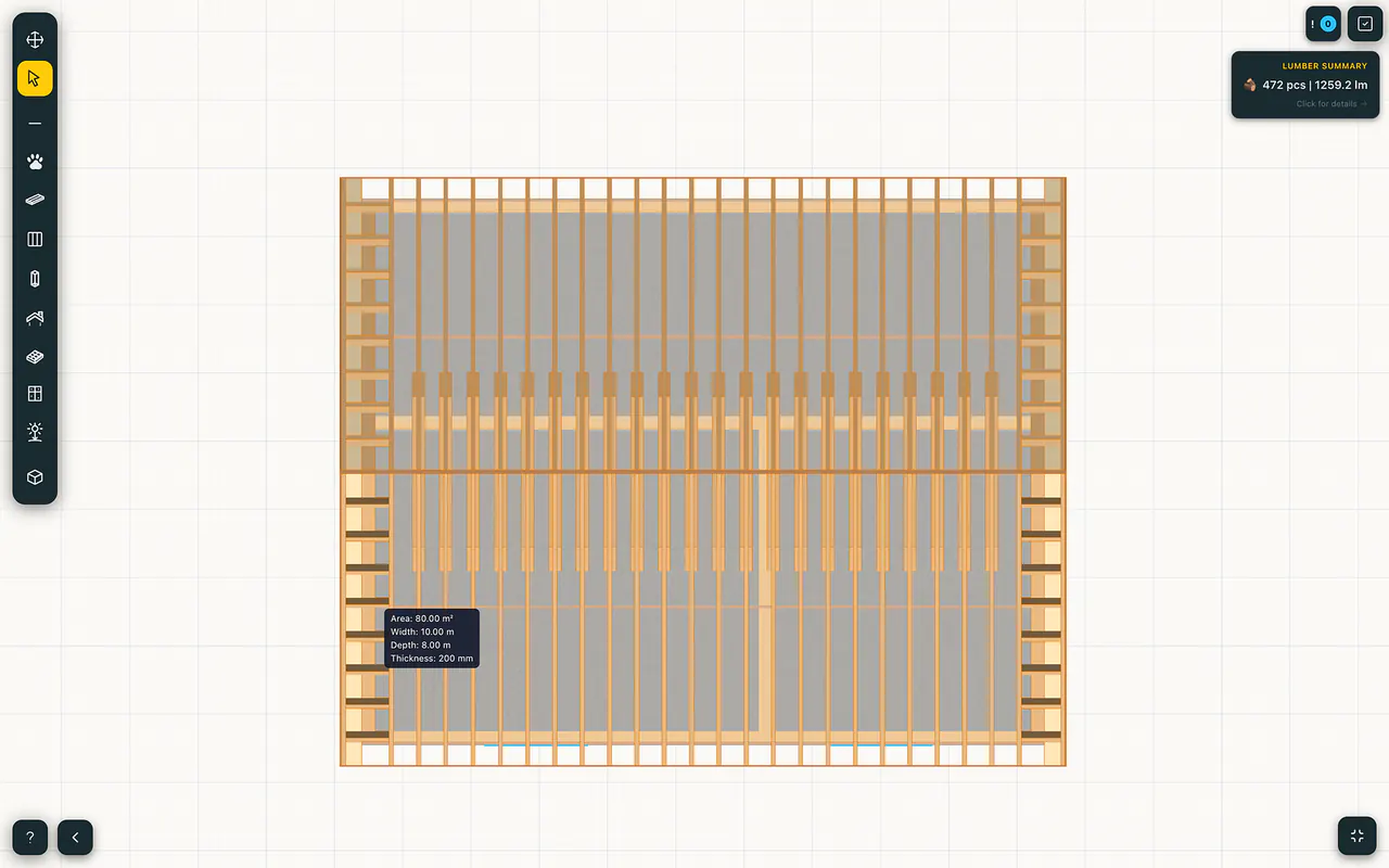 FrameVerk 2D workspace with selected floor framing, exact dimensions, and Lumber Summary
