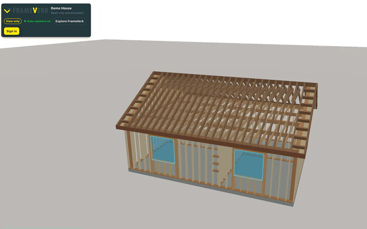 FrameVerk shared project with view-only status, automatic updates, and a 3D timber model
