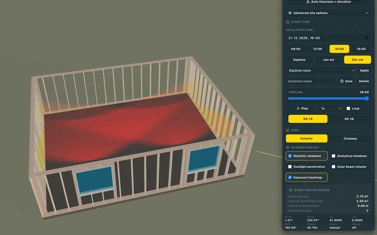 FrameVerk solar analysis with an exposure heatmap, time controls, and direct solar access results